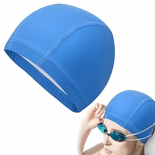 Terraxis Bonnet de Bain, Bonnet de Piscine Enduit de PU, Bonnet Piscine Élastiques pour Femme, Homme et Enfants, Confortables en Tissu de Qualité Supérieure (Bleu)
