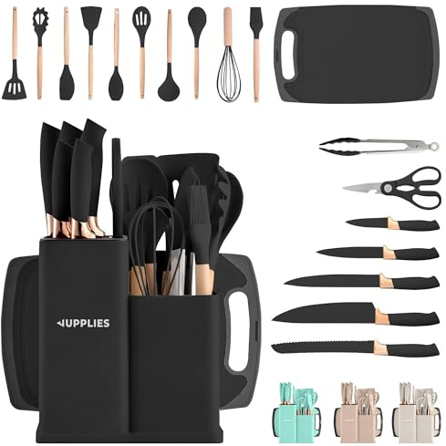 JUPPLIES Juego de Utensilios de Cocina de Silicona 19 Piezas con Cuchillos, Tijeras y Tabla de Cortar – Set Antiadherente Resistente al Calor – Apto para Todas Las Ollas y Sartenes - Negro