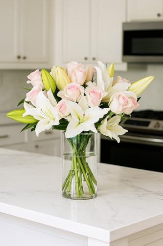 BloomsyBox – Lily Love-Elegant White Lilies & Light Pink Roses (Glass Vase Included) – Fresh Flowers for Delivery – Special for Birthday, Sympathy, Get Well, Anniversary, Congratulations