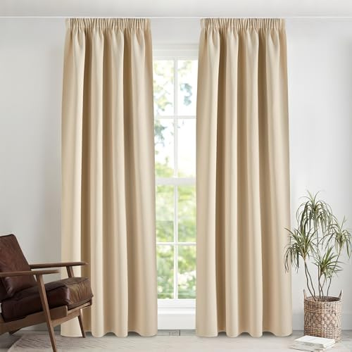 Pony Dance Termisk gardin köldskydd veckband set om 2 stycken H 260 x B 140 cm Biscotti beige, vardagsrum gardiner ogenomskinliga för skensystem mörkläggningsgardiner värmeisolerande