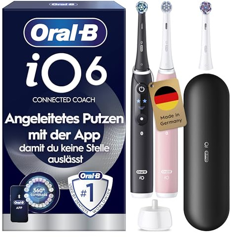 Oral-B iO Series 6 Elektrische Zahnbürste — Doppelpack — Electric Toothbrush, Inkl. 3 Aufsteckbürsten, Reise-Etui — 5 Putzmodi für Zahnpflege, Zahnbürste Elektrisch, Designed by Braun — Schwarz/Rosa