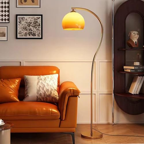 Modern Bågformad Golvlampa Med Justerbar Orange Glasskärm - Snygg Hög Stående Lampa För Vardagsrum, Hemmakontor Och Sovrum - Guldfärgad Stångdesign Gold