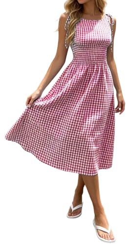 Vestito da donna a quadretti, estivo, per il tempo libero, stile boho, lungo, a quadretti, spalline sottili, elegante abito da spiaggia, abito vintage per feste, O rosso., S