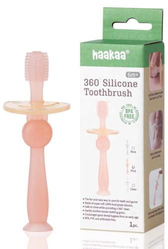 Haakaa 360° Silicone Baby Toothbrush – 100% Soft Food Grade Silicone, BPA-Free, Suction Base, Safe for Babies 6 Months+, Gentle Gum and Teeth Cleaning for Infants, Gum Massager (Pink)