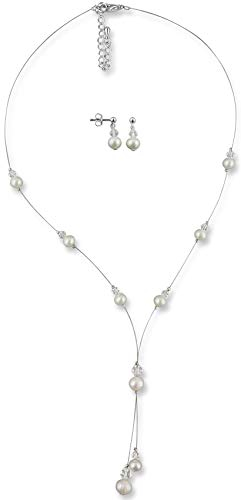 Rivelle Damen Brautschmuck Set Perlenkette Ohrringe Schmuckset echte Süßwasserperlen creme Strasssteine kristall Kette Collier Hochzeit Geschenkbox