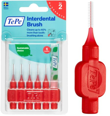 TePe Interdental Brush Original, Soft Dental Brush for Teeth Cleaning, Pack of 6, 0.5 mm, Extra-Small/Small Gaps, Red, Size 2