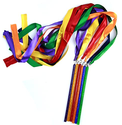 GSI Multicolor Sparkling Gymnastic Ribbon Wands [6 Pack] with 9 inch Stick and 1 Meter Ribbon for Gym, Training, Circus, Dance, Baton Twirling, Dancing Streamers (Pack of 6)