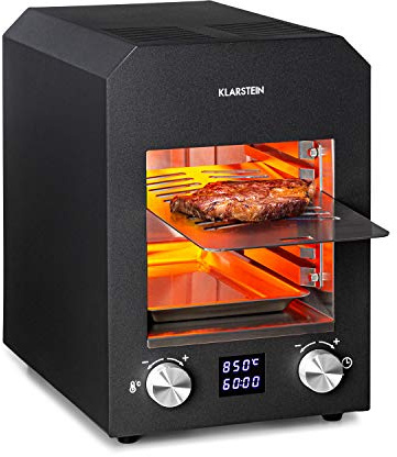 Klarstein Hannibal - Parrilla eléctrica, Alta temperatura, Para interiores, Potencia 2.200 W, Calefactor de infrarrojos, 200-850 °C, CharForce, Pantalla LED, Temporizador, Acero inoxidable, Negro