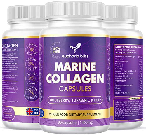 High Strength Marine Collagen Tablets - Skin, Hair, Nails & Joints - Fortified with Hyaluronic Acid, Blueberry, Biotin, Vitamin C, E, B2, B7 & Minerals - 1400MG - Type 1 90 Capsules