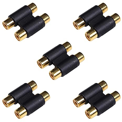 RCA Accoppiatore Adattatore RCA Auto Doppio Femmina a Femmina Cinch 2 Femmina a Cinch 2 Femmina Connettori Audio RCA per Subwoofer, Speaker, AMP, Turntable, Receiver(2-Femmina a 2-Femmina, 5Pez, Oro)