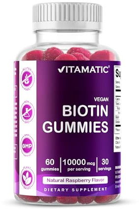 Vitamatic Biotin Gummies 10,000 mcg for Stronger Hair, Skin & Nails - 60 Vegan Gummies - Also Called Vitamin B7