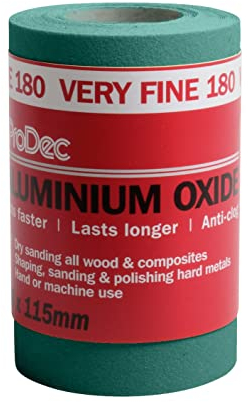 ProDec Rollo de 5m Papel de lija abrasivo de óxido de aluminio verde de grano muy fino para lijar madera, pintura, yeso, masilla, metal y más, 115mm de ancho Compatible con lijadoras a máquina