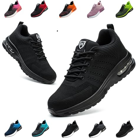 Chaussures de Securite Hommes Femmes Légère Basket de Securite Respirante Confortable Chaussure de Travail avec Embout en Acier 36-46 01 Pur Noir EU 42