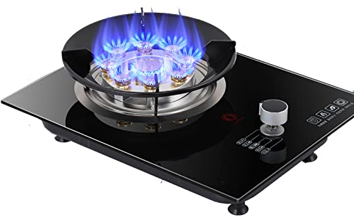 IBOWZ Encimera de Gas Placa De Gas De 33 Cm - Quemador De Hierro Fundido Ardiente De Nueve Cavidades De 5.2KW - Panel De Vidrio Templado Negro Fácil De Limpiar - Estufa De Gas Individual De Cocina