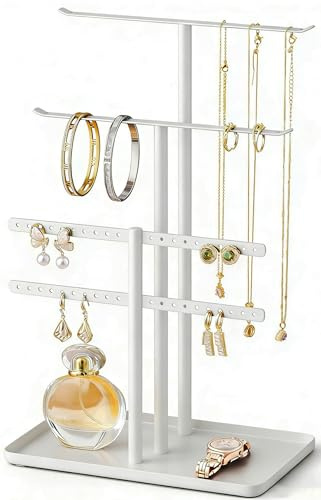 pickpiff Jewelry Stand Organizer, 32cm Tall Sturdy Metal, 3-Tier Jewelry Holder for Necklace, Earring, Bracelet, Ring, Hanger for Display and Storage, Aesthetic Room Decor, White