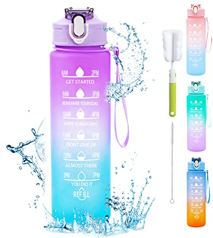 Sport Trinkflasche 750 ml mit Strohhalm, Wasserflasche mit Zeitmarkierungen, Auslaufsicher Sportflasche Kohlensäure Geeignet, BPA Frei Trinkflaschen für Schule, Fahrrad, Fitness, Wandern (Lila)