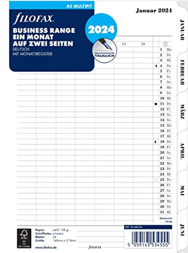 FILOFAX 24-68544 Calendar Insert 2024 A5 1 Month / 2 Pages Tabbed