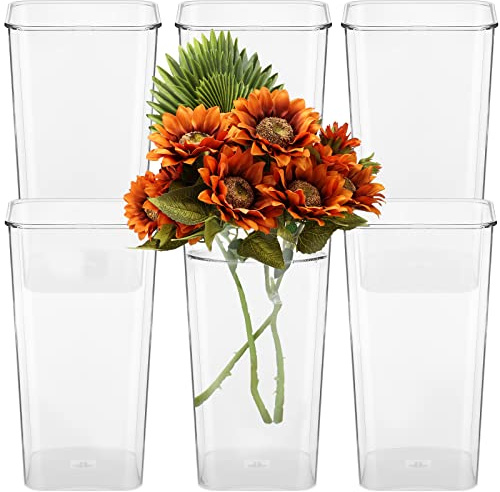 Roowest 6 Pieces Plastic Vase Acrylic Flower Square Tapered Flowers Vase Tall Centerpieces for Table Wedding Kitchen Florist Arrangements(6 x 12 Inch)