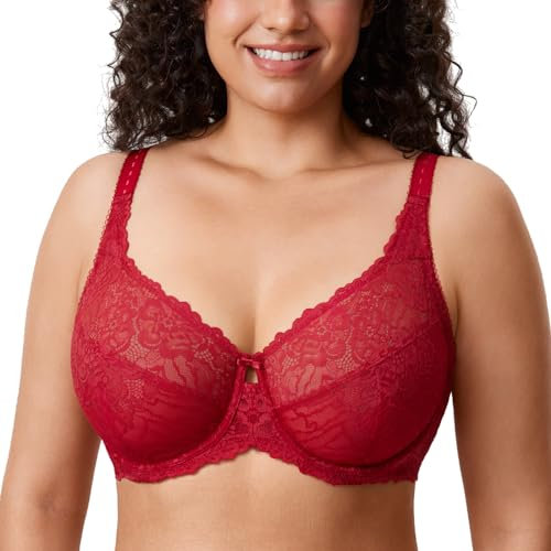 Delimira Women's Plus Size Bra Full Coverage Minimiser Non Padded Lace Underwired Bras Dark Red 38F
