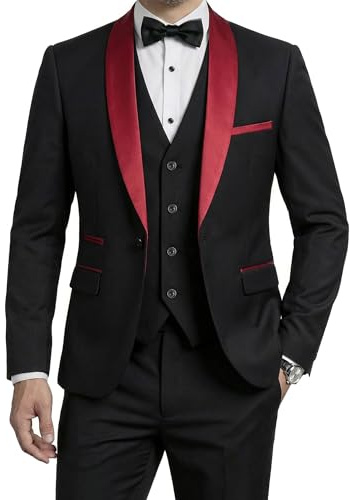 MrSure Mens 3 Piece Tuxedo Set with Bow Tie, Slim Fit One Button Shawl Lapel Blazer Vest Pants, for Formal Prom Party Wedding, Red Black