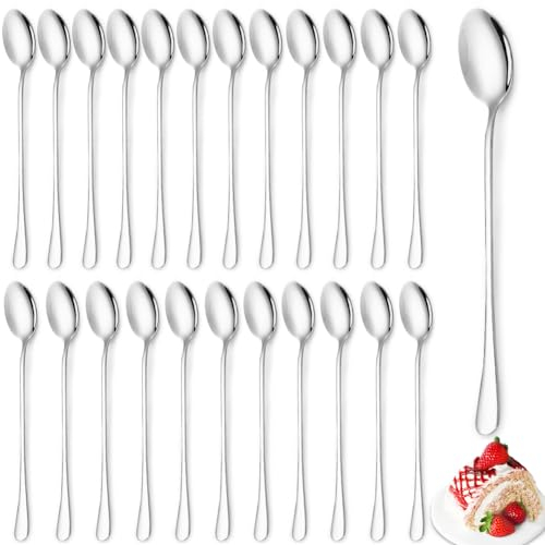 Juego de 24 cucharas soperas de acero inoxidable, mango largo de 19 cm, cucharas de mesa de acero inoxidable, cucharas de mesa para café helado, té helado, batido y helado, bebidas frías, aptas para