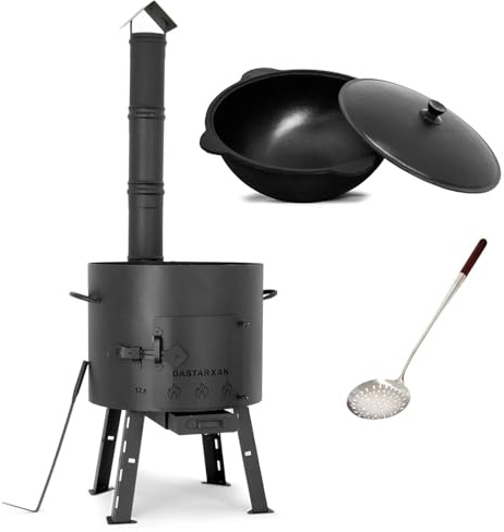 SET Utschak mit Abzugs-Rohr, 40cm + 12 Liter Gusseisen Kazan INNEN GLATT + 50cm Schaumlöffel - Feldküche, Gulaschkessel Feuerkessel Feuer-Ofen Outdoor für Kazan Kasan 12L