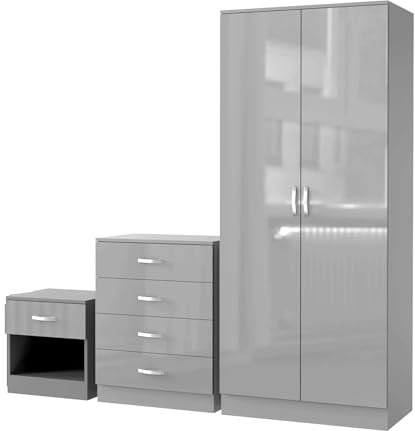 3 Piece High Gloss Bedroom Furniture Sets - 4-Drawer Chest, and Bedside Cabinet With 2 Door Wardrobe for Modern Bedrooms – Soft Close Doors (Grey, Large)