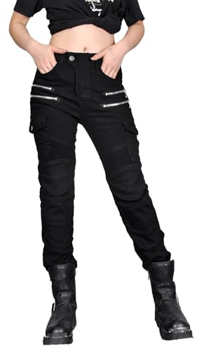 oFzimTo Pantaloni Moto Cargo Donna Jeans, Jeans Moto Donna Elasticizzati per Tutte Le Stagioni, Vita Comoda, Tasche Multiple, Stile Casual Urbano