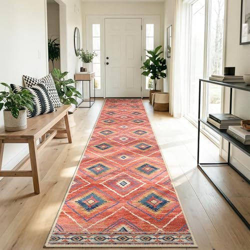 DEFYNEE Teppich Läufer Flur 60 x 240 cm, rutschfest Küchenläufer, Kurzflor Teppichläufer, Waschbar, Faltbar, Boho Design – für Flur, Küche, Wohnzimmer & Büro, Rot
