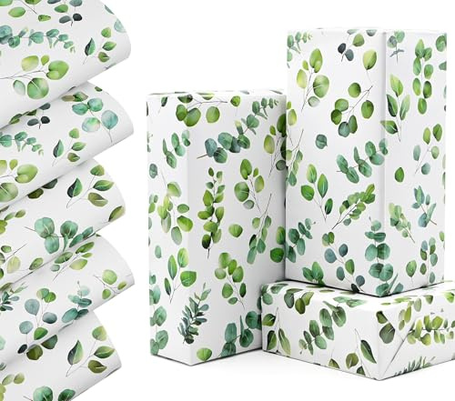 QRTDXP 50 * 70cm Large Size Wrapping Paper Sheet with Green Eucalyptus Leaf，5pcs Plant Recyclable Gift Wrap for Birthday Wedding Aniversary for Boys or Girls Father's Day