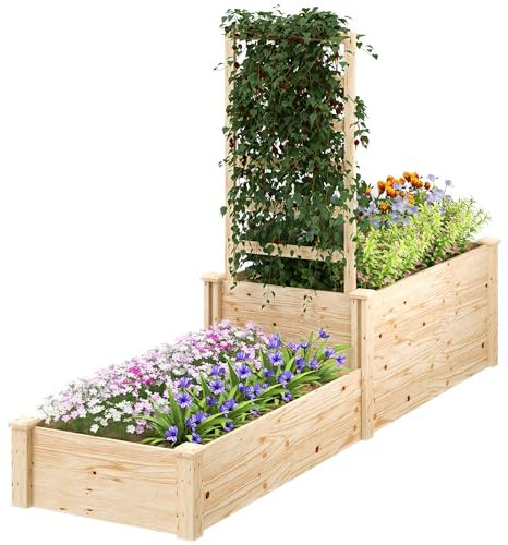 Outsunny Jardinera Exterior Grande de Madera Jardinera Elevada con Celosía para Plantas Trepadoras y 2 Cajas de Cultivo para Jardín Patio Terraza 222x63x132 cm Natural