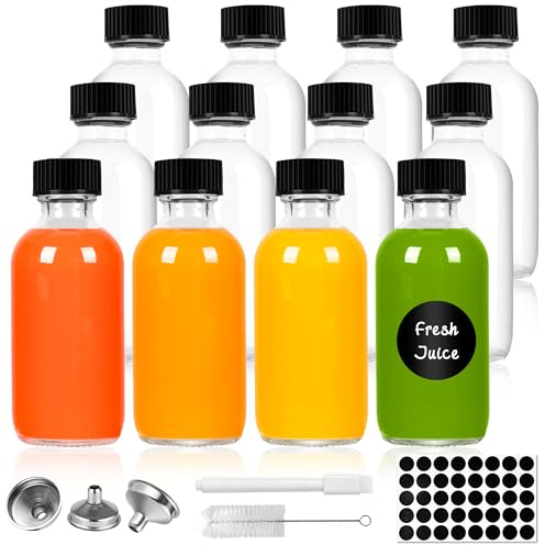 Torven 12 stycken glasflaskor med lock, 60 ml, små glasflaskor, påfyllningsflaskor, små shotflaskor, miniflaskor med etikett, för eteriska oljor (12)