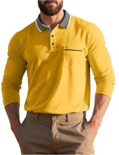 Poloshirt Herren Langarm Klassisches Baumwolle Polo Langarmshirt mit Tasche Leichtes Slim Fit Poloshirts für Herren Regular fit Outdoor Sport Golf T-Shirts Herbst Winter Freizeit Pullover Yellow XXL