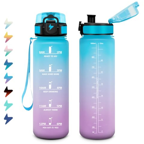 Borraccia 1 Litro, Bottiglia Motivazionale con Filtro, a Prova di Perdite, Bottiglia Acqua Sportiva con Indicatore del Tempo, Facile da Aprire, Borraccia Palestra per Fitness, Viaggi, Scuola