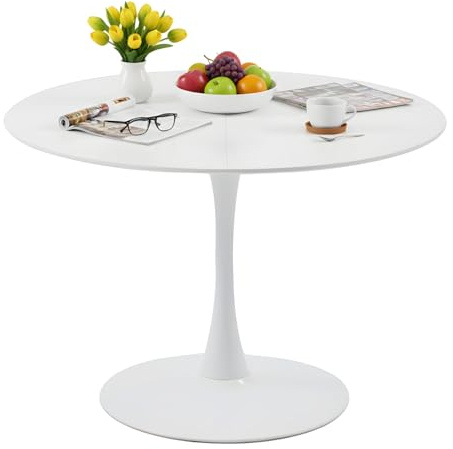 GOKHOMX Runder Esstisch Weiß de 110cm Durchmesser für 4-6 Personen, Moderner Esstisch Rund Weiß Küchentisch Esszimmertisch mit Metallbein Tisch Rund für Küche Esszimmer Wohnzimmer Café