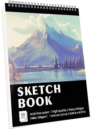 KINSPORY Carnet de croquis A5, Bloc de Croquis 100 g/m² - 21 × 14,8 cm | Carnet Dessin à Reliure Spirale, Papier de Dessin Sans Acide, pour Peinture, Écriture et Croquis, 50 Feuilles / 100 Pages