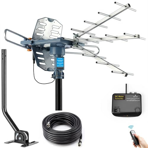 PBD Digital Outdoor TV Antenna, 150 Miles Range, 360° Rotating Directional Motor with Remote Control, Dual TV Support, Mounting Pole, 40FT RG6 Cable, UHF/VHF Reception