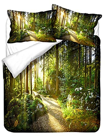 Bettwäsche-Set 3D Dschungel Wald Sonnenlicht Bäume Bettbezug und Kissenbezug Grün Natürliche Landschaft Muster Bettbezug Reißverschluss Junge Mädchen (Stil 5, 135x200 cm + 80x80 cm *1)
