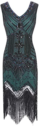 HAHAEMMA 1920-talsklänning, dam, påfågel mönster, fransklänning, Charleston-klänning, Gatsby paljetter tofsar fåll, cocktailklänning med fransar, avslutningsbal klänning, Z-grön1, 3XL