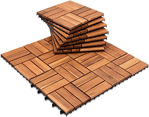 Jiubiaz 11x Holzfliesen aus Akazienholz, Holzfliesen Balkon 30 x 30cm, Terrassenfliesen, Bodenbelag mit Drainage, Fliese Leicht verlegbar(12 Latten | 1 m²)