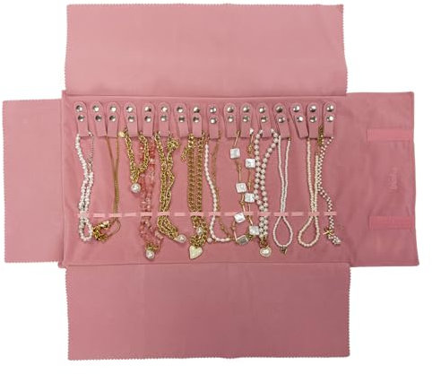 UnionPlus Velvet Travel Jewelry Roll Bag Organizer for Necklace, Elastic Band and Anti-winding, Blush Pink