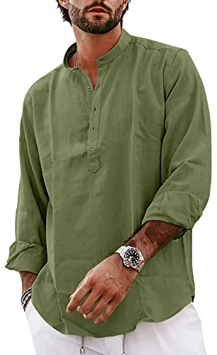 YAOBAOLE Grandad Collar Shirts for Men Henley V Neck Button Up Men Shirt Band Collar Shirts Army Green M