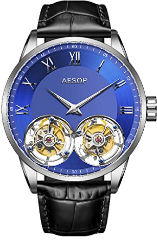 AESOP Double Tourbillon Watches Men Mechanical Hand Wind Wristwatches Stainless Steel Sapphire Crystal Waterproof Luxury Business Watch for Men 7026(Blue)