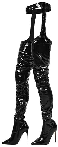 blingqueen Damen Overknee Chaps Stiefel Stiletto Chap Boots Metallic Lack Schwarz 37 EU