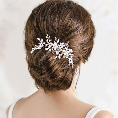 Bride Wedding Hair Comb, Pearl Flower Hair Piece Rhinestone Bridal Accessories, For Women Gift Party Accessories (Silver)