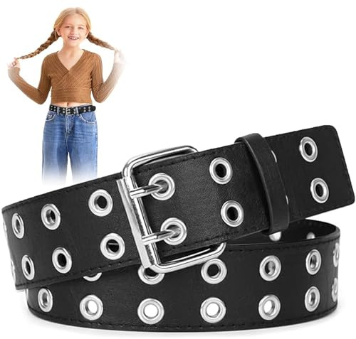 Ceinture à Double Œillet en Cuir PU - Punk, Gothique, Vintage pour Femme - Deux Trous pour Jeans, Pantalons, Jupes Courtes (Noir)