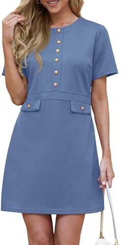 GRECERELLE Damklänningar elegant penna arbetsklänning för kvinnor smal passform rund hals formell bodycon-klänningar kontorskläder, Denim blå, S