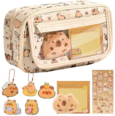 XIMKONTER Capybara - Estuche Multicapa de Gran Capacidad con Llavero de muñeca Capybara, broches, Pegatinas, 2 en 1, Estuche extraíble con Cremallera, FAW, XM (Old)