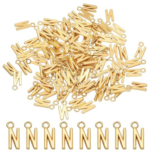 PATIKIL Bokstavsberlock, 100 st alfabetsberlock, initial hänge, berlock bulk söt gör-det-själv för smyckestillverkning armband, örhängen, halsband, nyckelringar, hantverk, ljust guld, bokstav N