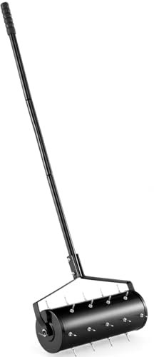 GiantexUK Outdoor Lawn Aerator, Heavy Duty 43/53cm Manual Grass Roller with Sand Filled Drum & 130cm Detachable Handle, Rolling Garden Lawn Spikes Tool for Soil Grass (45x14x130cm, Black)